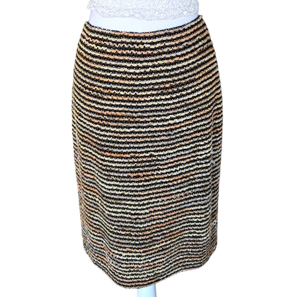 St. John Knit Pencil Skirt Tweed Striped Quiet Luxury Workwear Black Gold Size 6